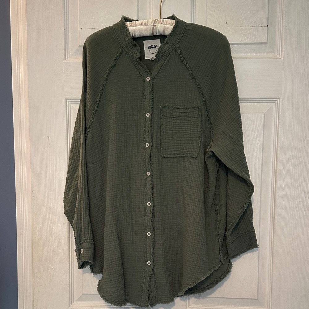 Aerie Olive Green Button-Up Blouse